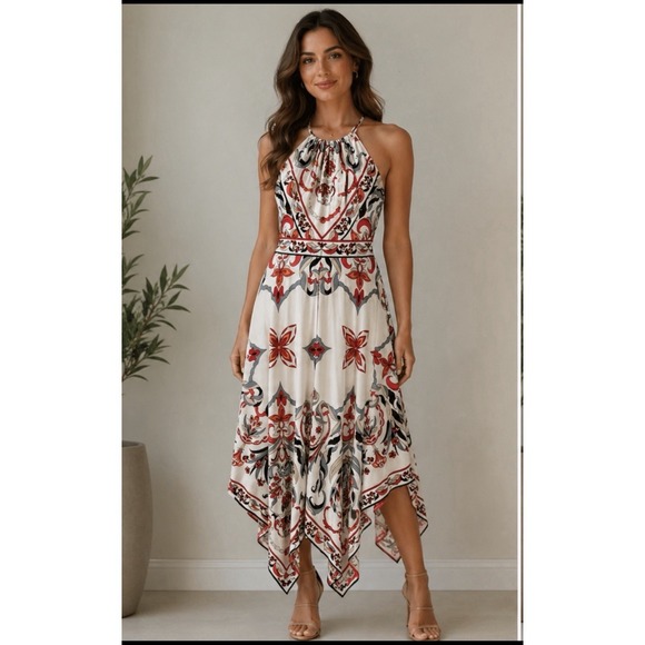 Boston Proper Dresses & Skirts - Boston Proper White Red Floral Chiffon Halter Asymmetric Midi Dress Sleeveless 2